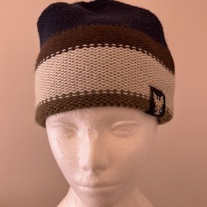 ✅ VINTAGE Eagle Knit Beanie Hat Cap Color Block Toboggan Navy Blue Brown Tan